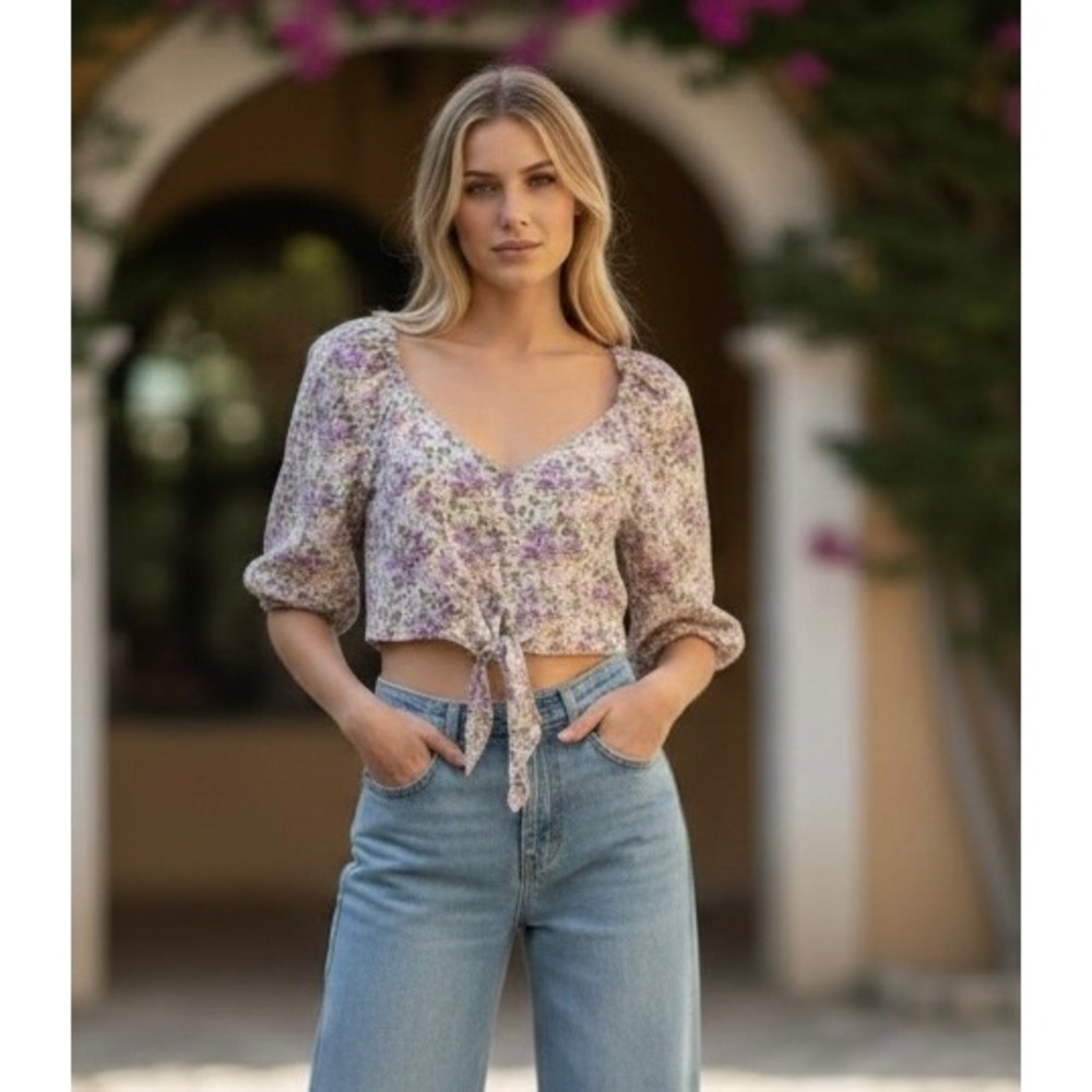 Lush White Lilac Floral Linen Blend Tie Front Puff Sleeve Crop Top LT17159-FCI S